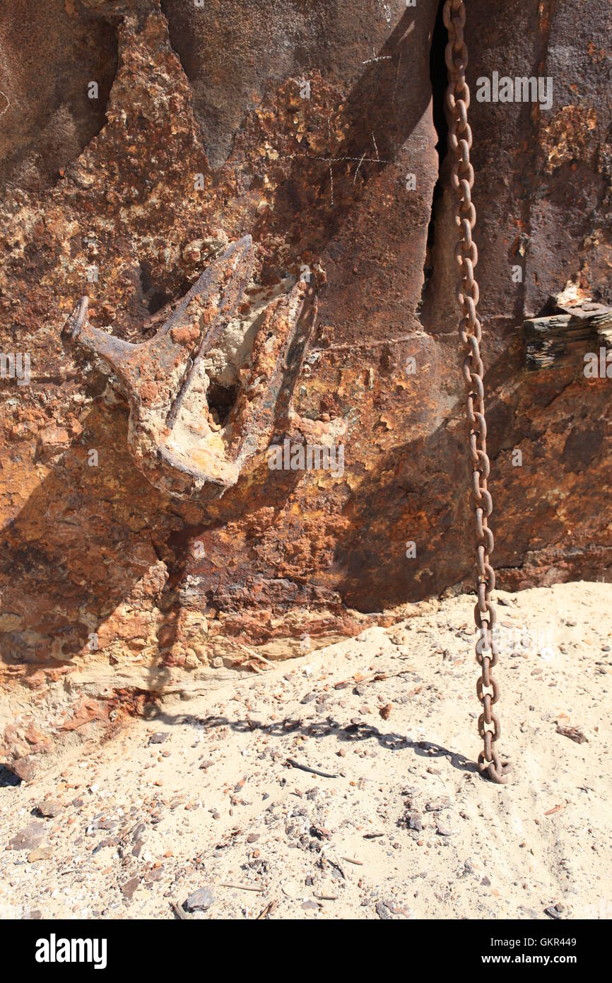 Detail of a rusted ship anchored in the sand near Moynaq, Uzbekistan. Stock Photo
