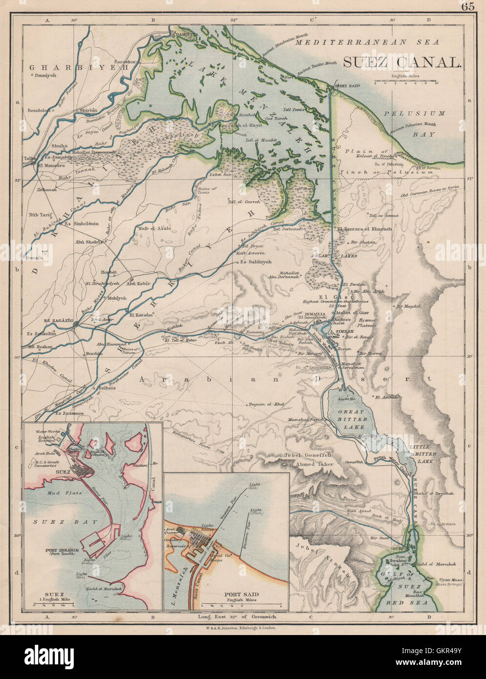 SUEZ CANAL. Plan of the canal. Plans of Suez & Port Said. JOHNSTON, 1895 map Stock Photo