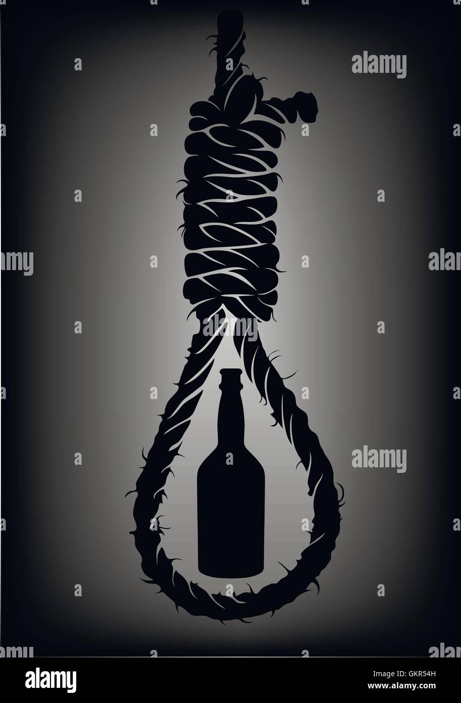 Alcoholism. Old rope with hangman's noose with bottle Stock Vector