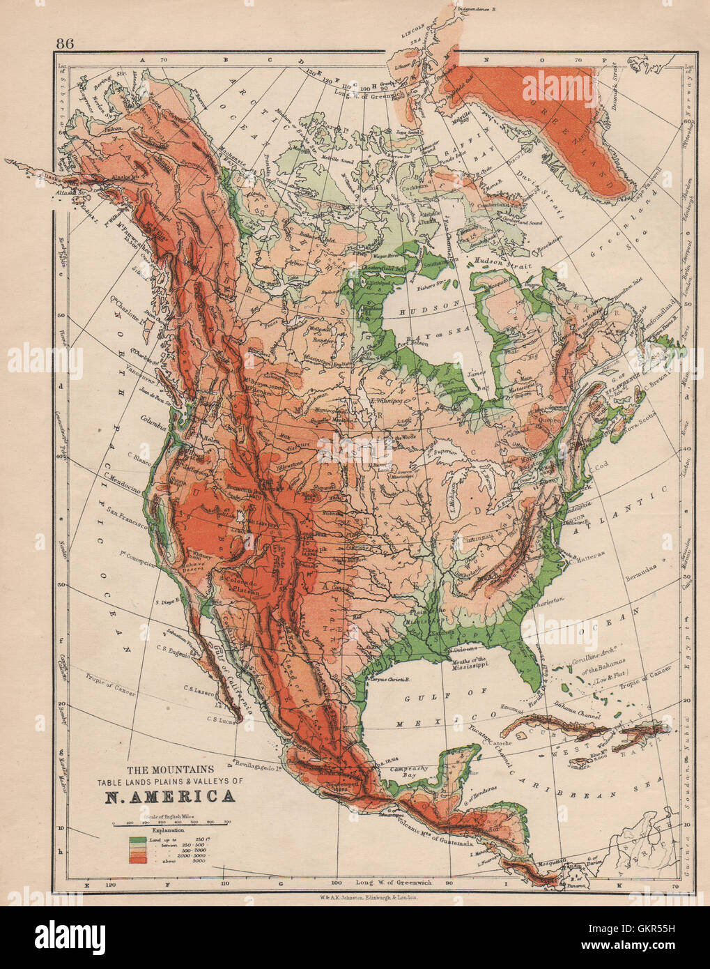 NORTH AMERICA PHYSICAL Relief - North America Physical Relief Key Mountains Heights Ocean Depths 1895 GKR55H