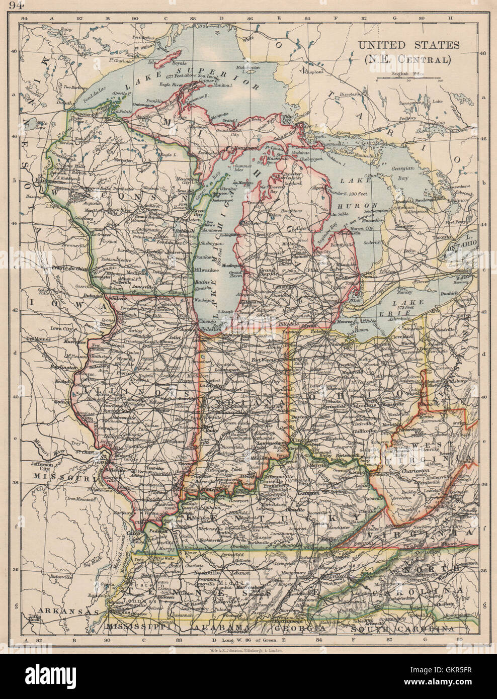 USA MID WEST. Wisconsin Michigan Illinois Ohio Indiana Kentucky TN, 1895 map Stock Photo