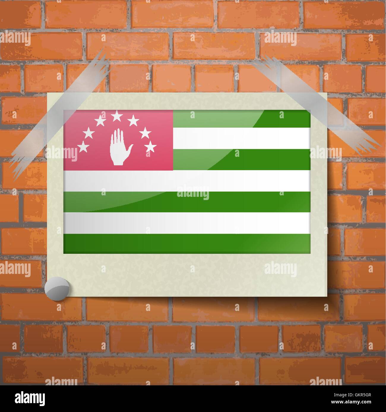 Flag of Abkhazia. Flat design scotch taped to a red brick wall Stock Vector