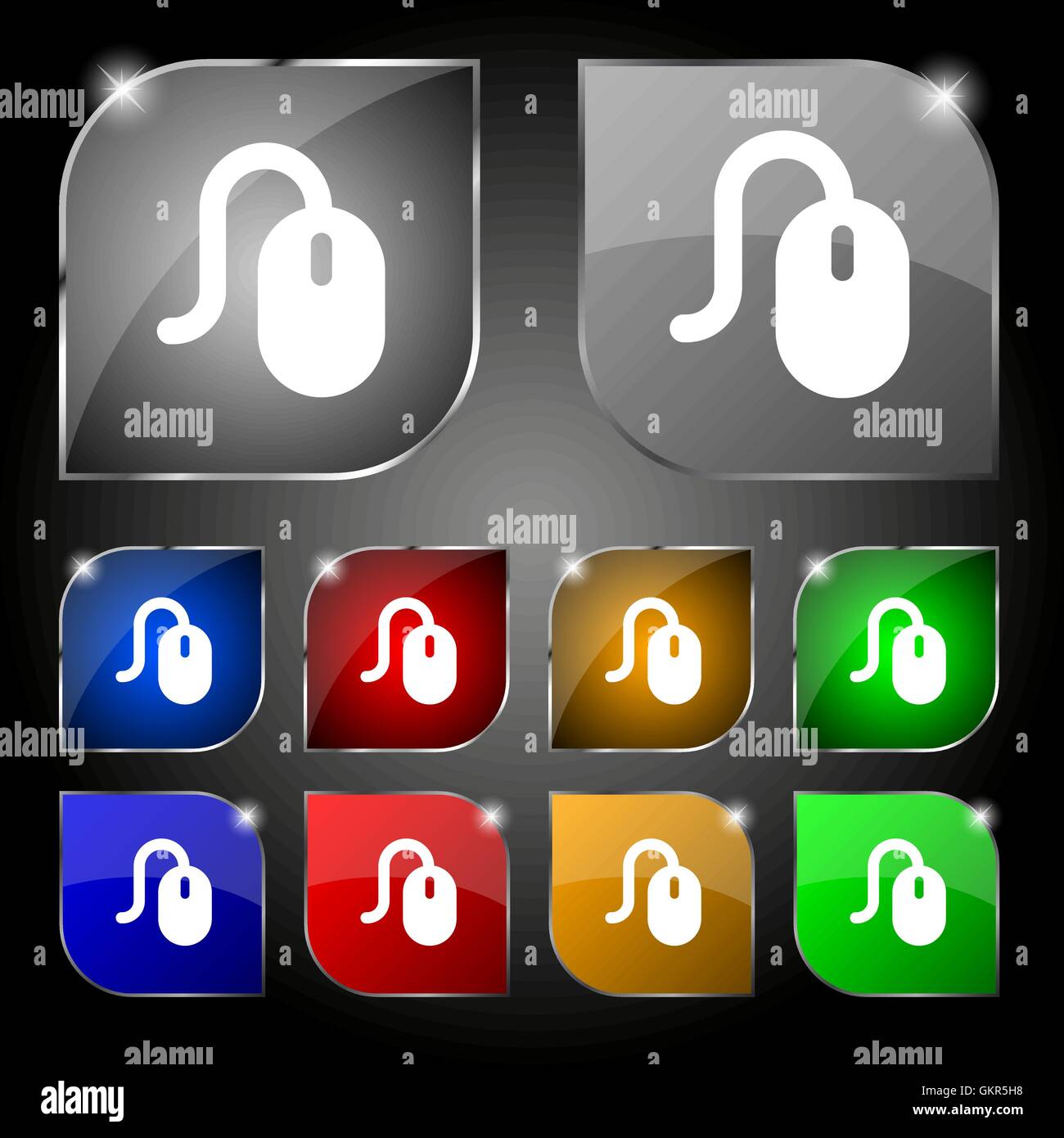Computer mouse icon sign. Set of ten colorful buttons with glare ...