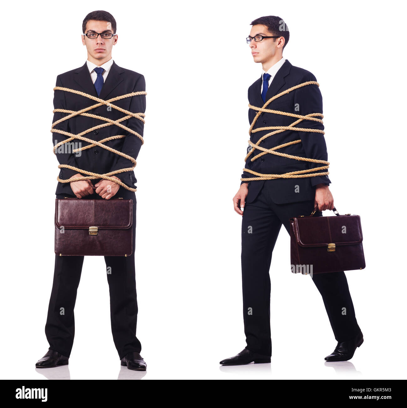 Businessman roped isolated on white background Stock Photo Alamy