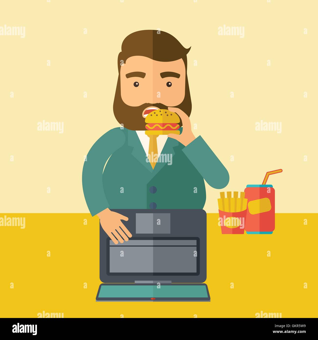 Young fat guy eating while at work. Stock Vector