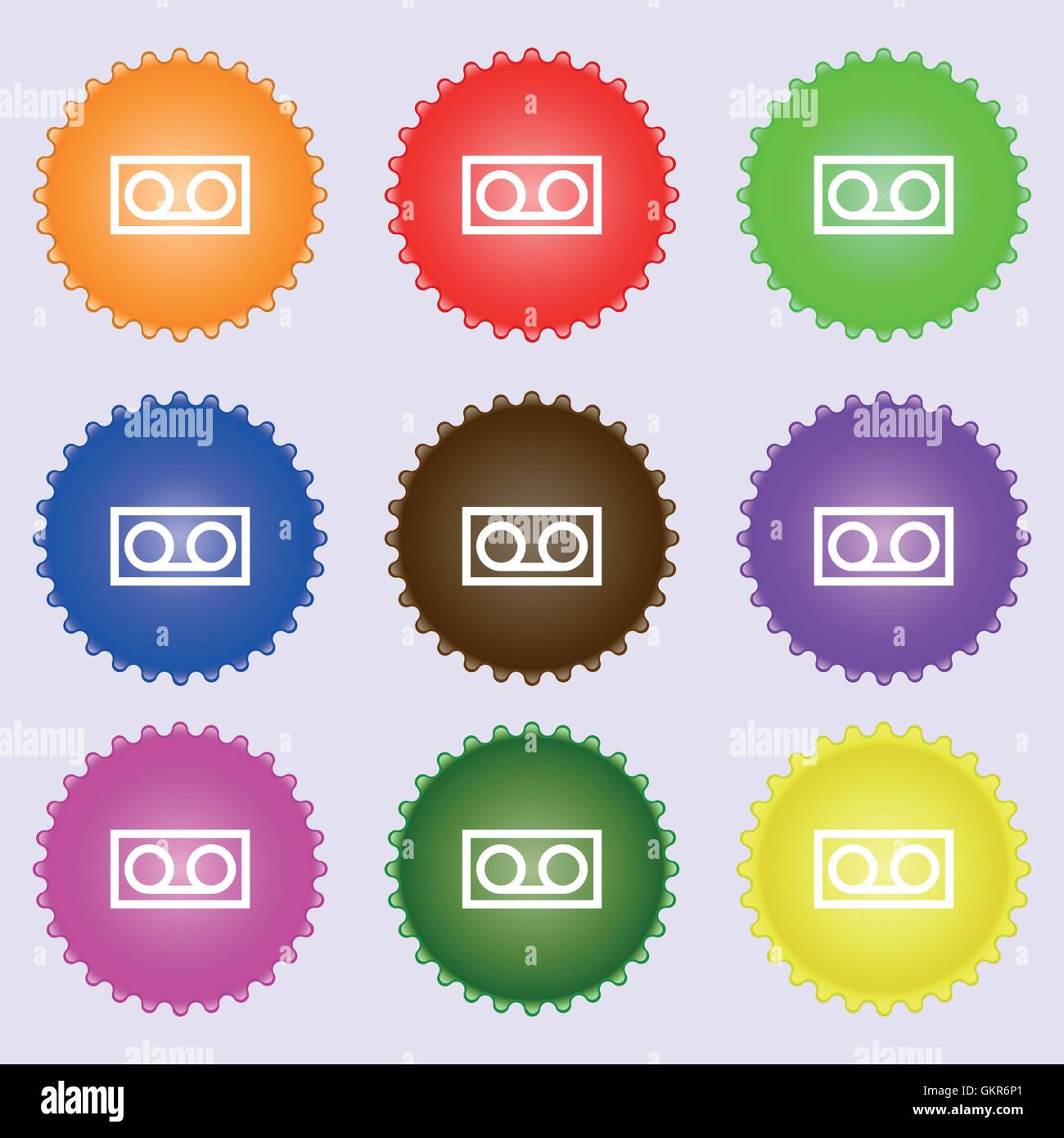 audio cassette icon sign. A set of nine different colored labels ...