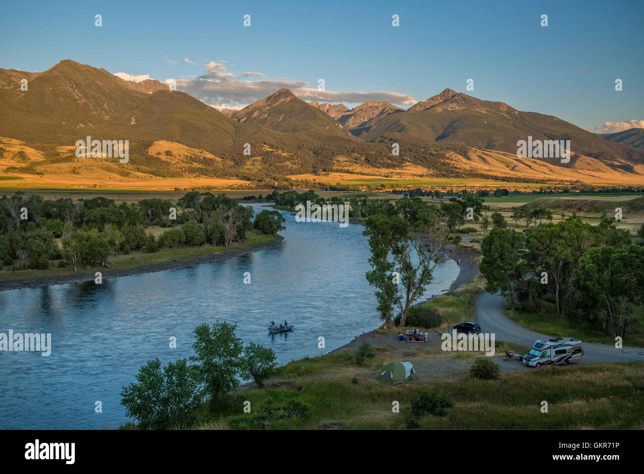 Fishing and camping on the Yellowstone River at Mallards Rest Fishing Access in Paradise Valley, Montana. Stock Photo