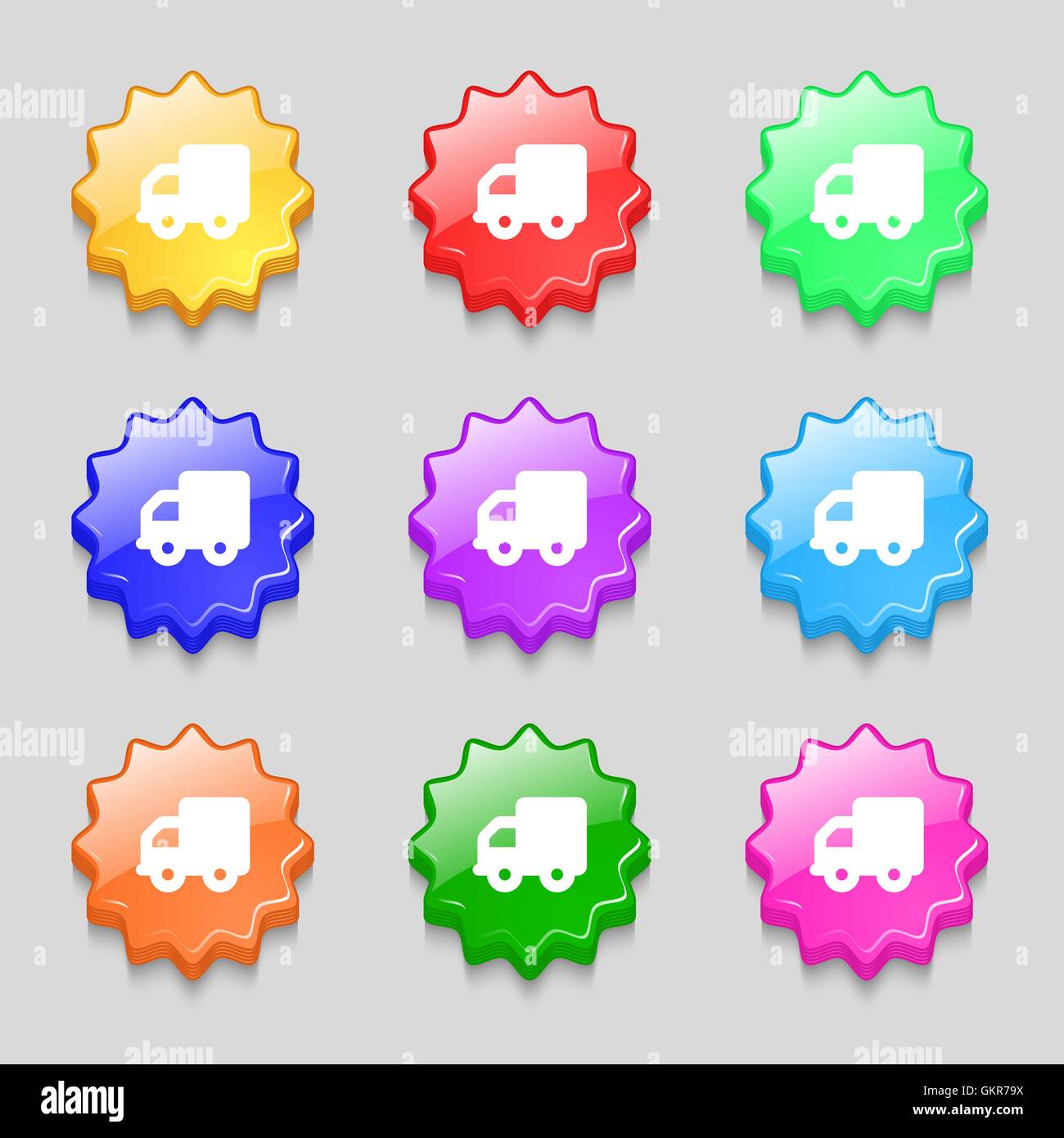 Delivery truck icon sign. symbol on nine wavy colourful buttons. Vector Stock Vector