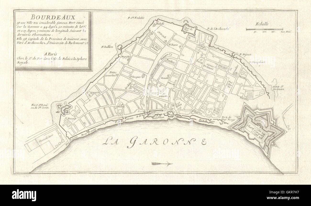 'Bourdeaux'. Fortifed town/city plan. Bordeaux, Gironde. DE FER, 1705 ...