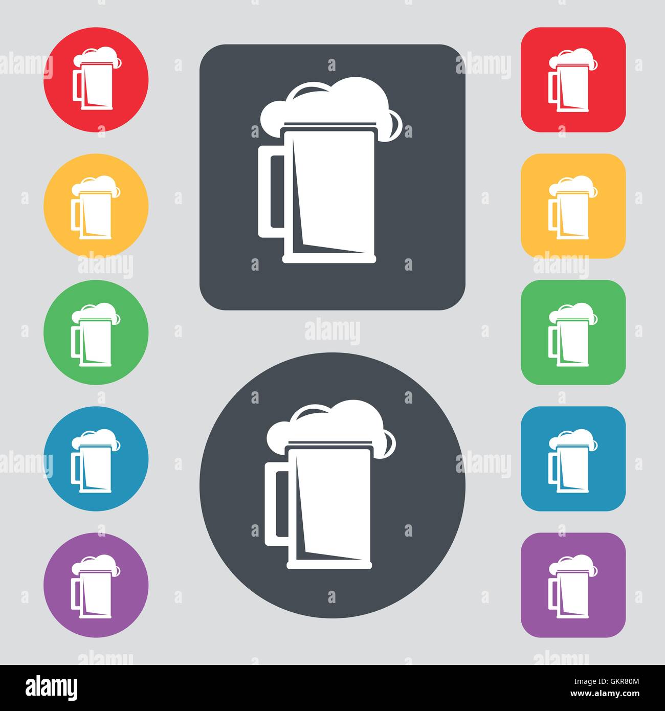 glass of beer icon sign. A set of 12 colored buttons. Flat design ...