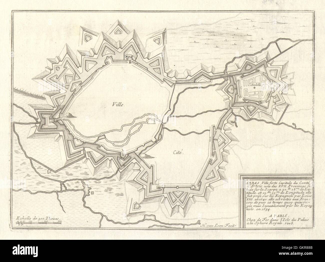 Arras. Plan of town/city & fortifications. Pas-de-Calais. DE FER, 1705 old map Stock Photo