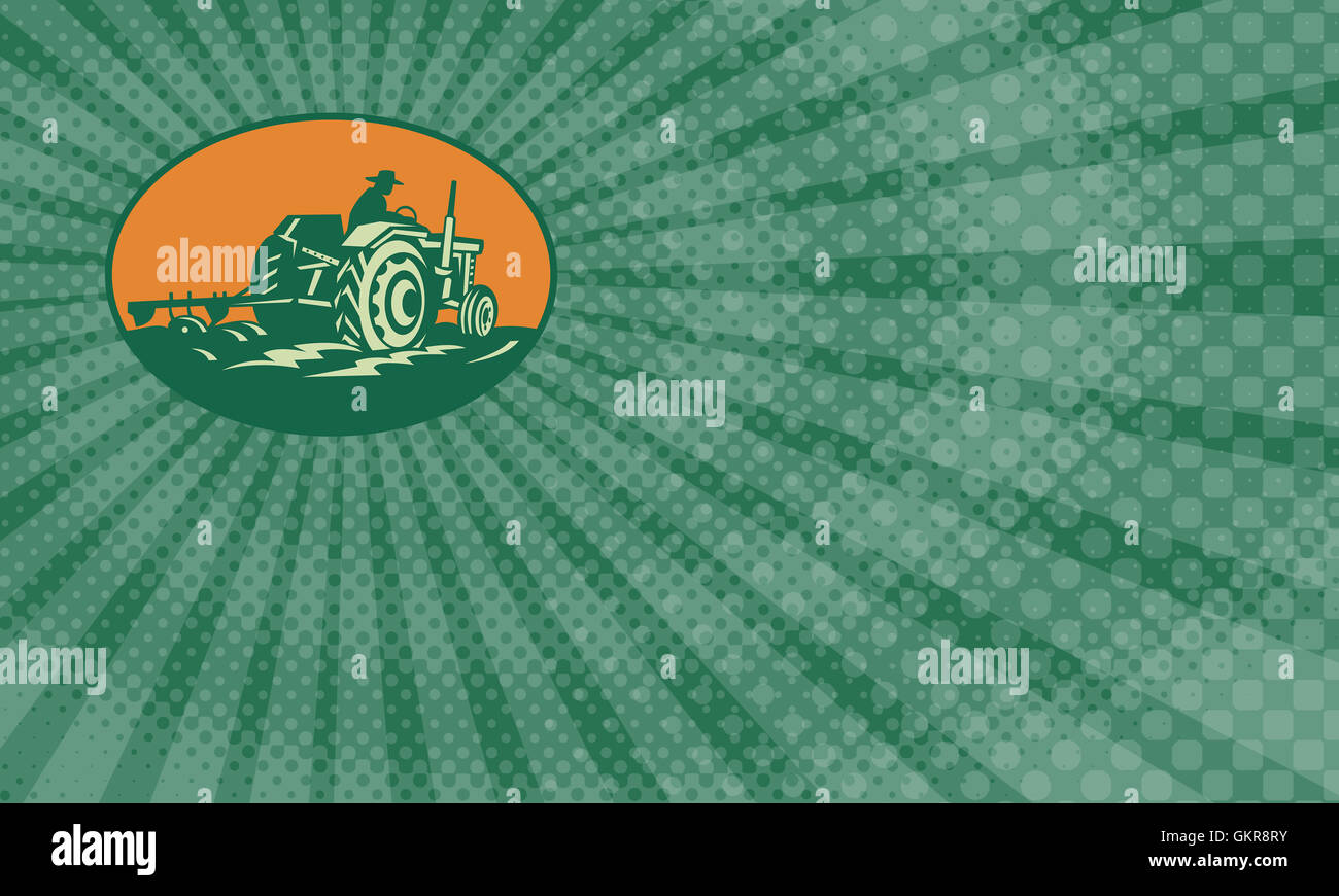 Business card showing retro illustration of a farmer worker driving a ...