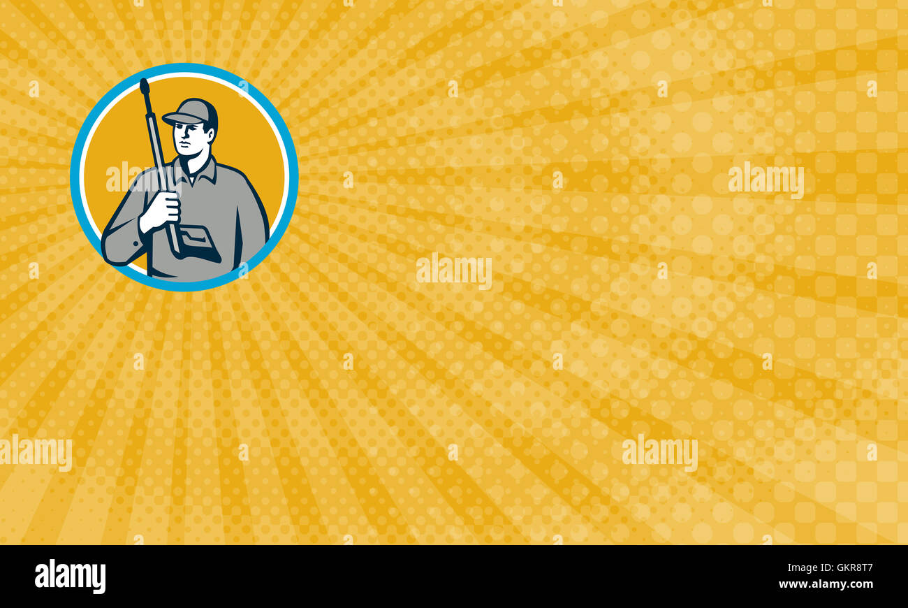 Business card showing Illustration of power washer worker holding pressure  washing gun on shoulder looking to the side viewed from front set inside  circle on isolated background done in retro style Stock