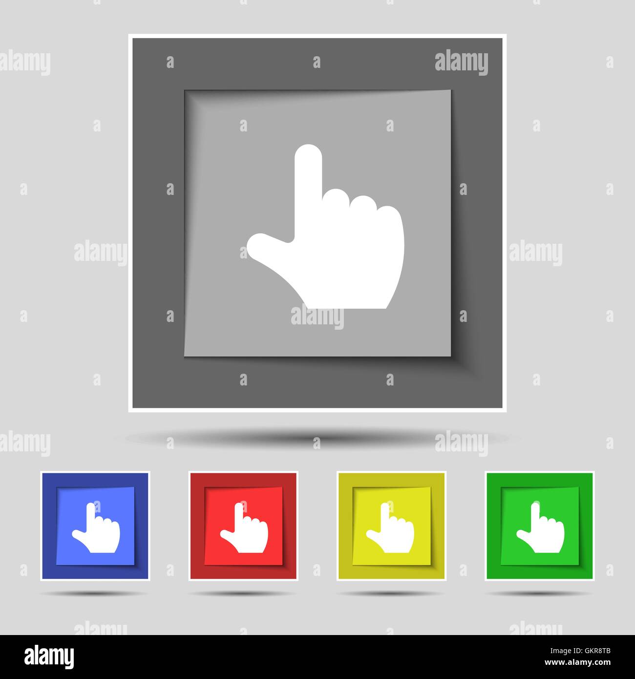 pointing hand icon sign on the original five colored buttons. Vector ...