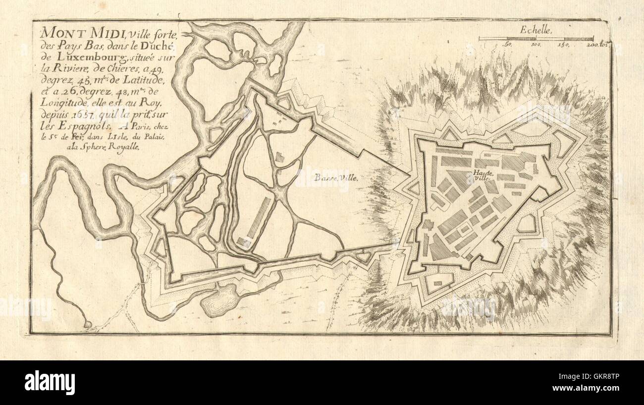 'Mont Midi'. Montmédy fortified town/city plan. Meuse. DE FER, 1705 old map Stock Photo