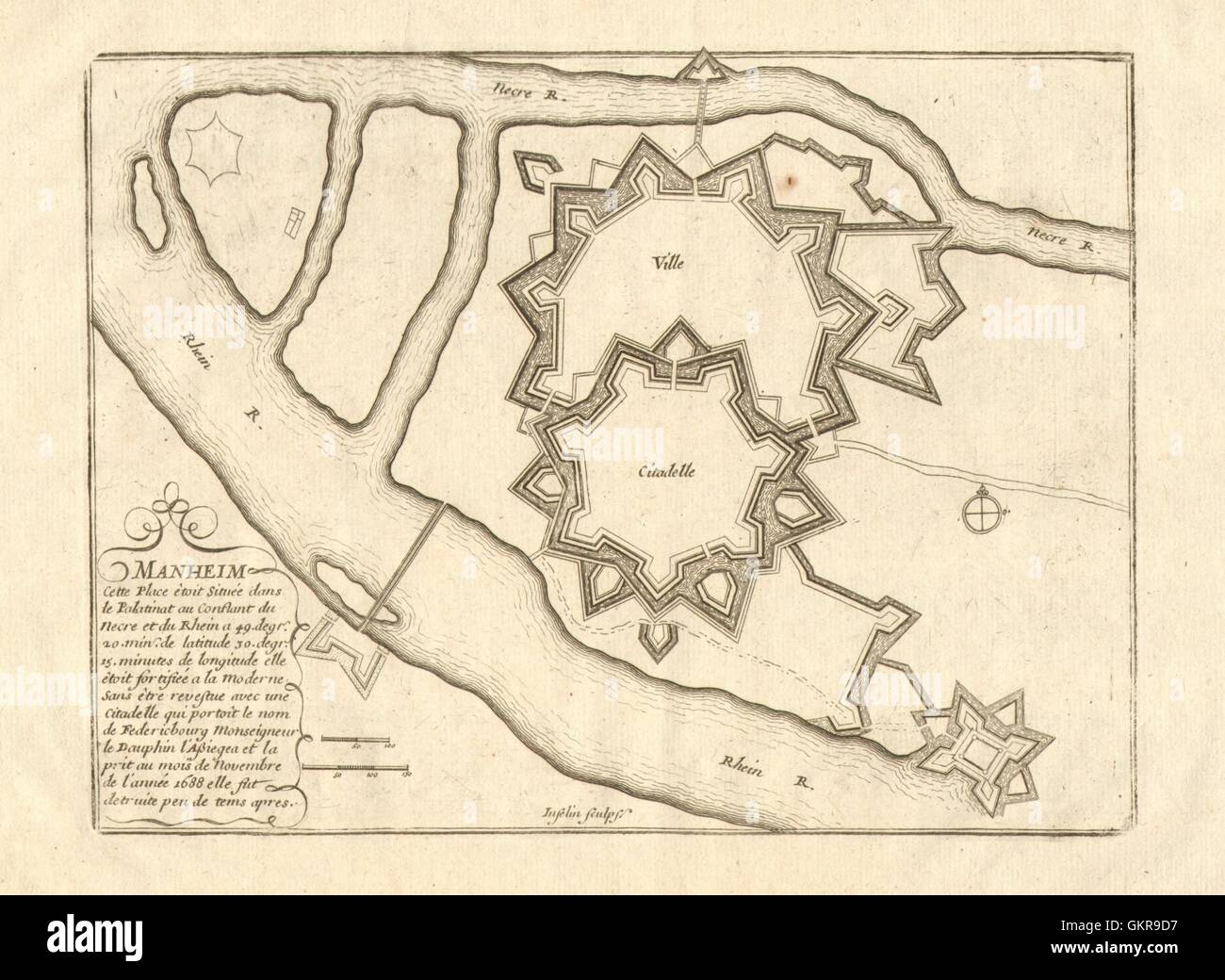 'Manheim'. Mannheim fortified town/city plan. Baden-Württemberg. DE FER 1705 map Stock Photo