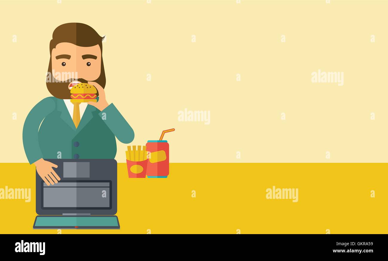 Young fat guy eating while at work. Stock Vector