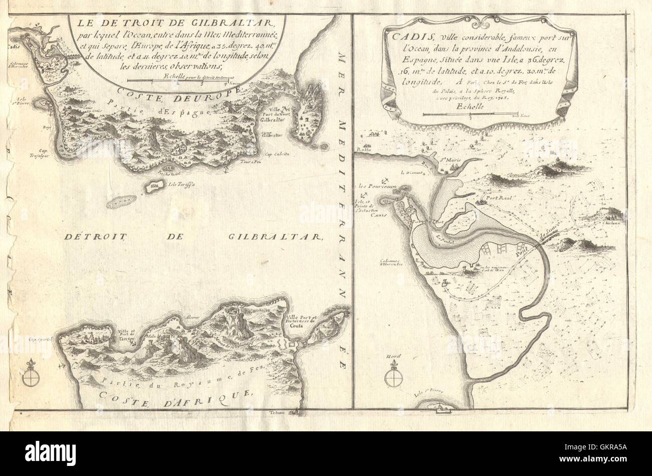 'Le detroit de Gilbraltar - Cadis'. Strait of Gibraltar & Cadiz. DE FER 1705 map Stock Photo