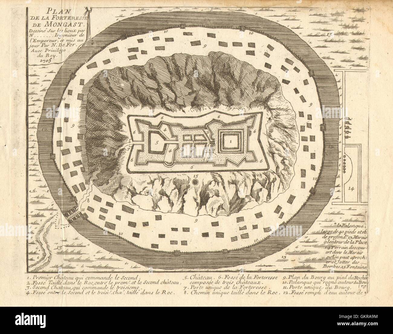 'Forteresse de Mongast'. Munkács Vára Mukachevo Castle. Ukraine. DE FER 1705 map Stock Photo