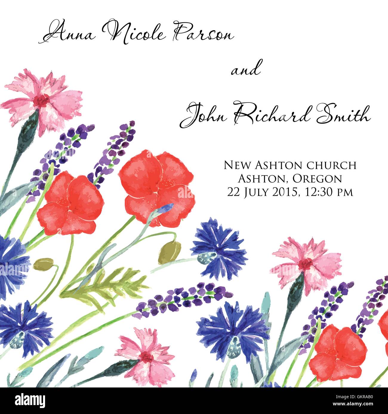 Watercolor painted wedding invitation. Cornflower, lavender, sweet pea  and poppy flowers pattern Stock Vector