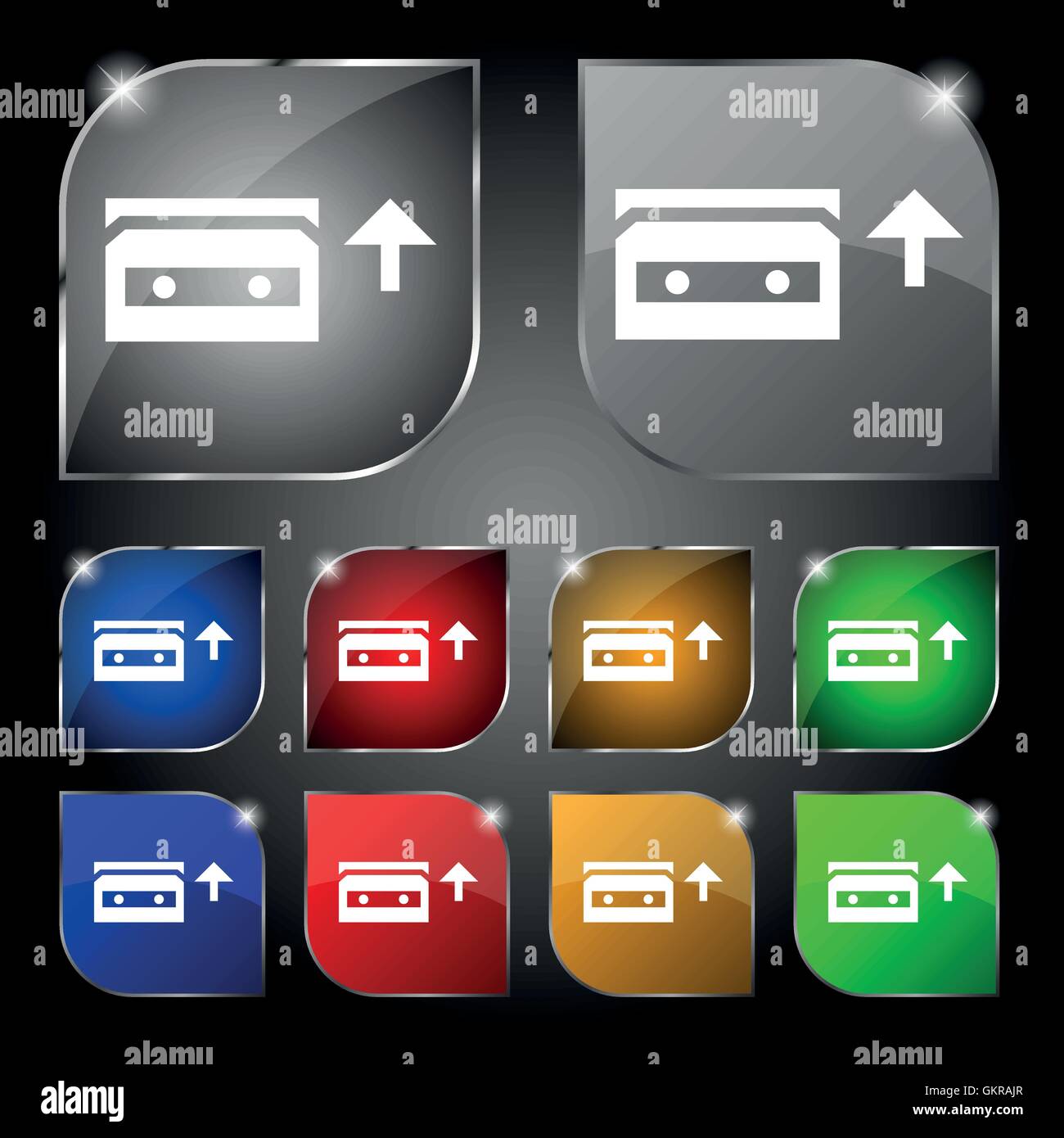 audio cassette icon sign. Set of ten colorful buttons with glare ...