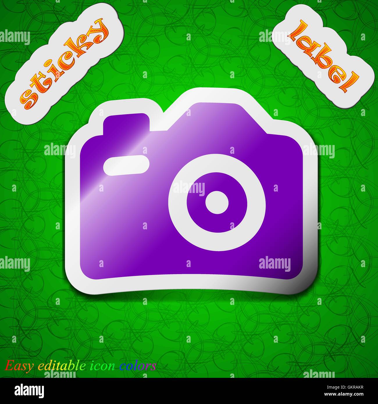 Photo Camera icon sign. Symbol chic colored sticky label on green ...