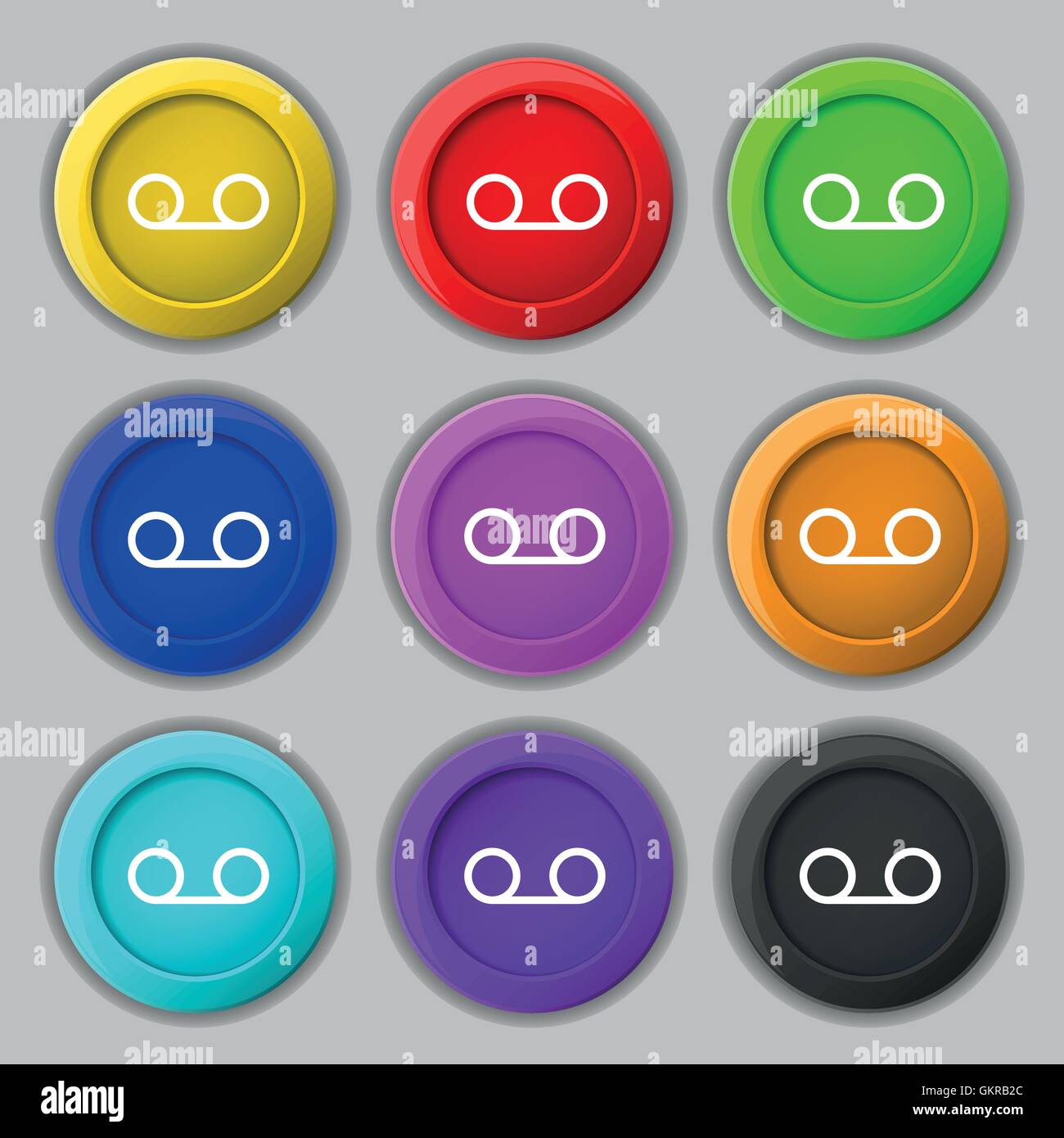 audio cassette icon sign. symbol on nine round colourful buttons ...