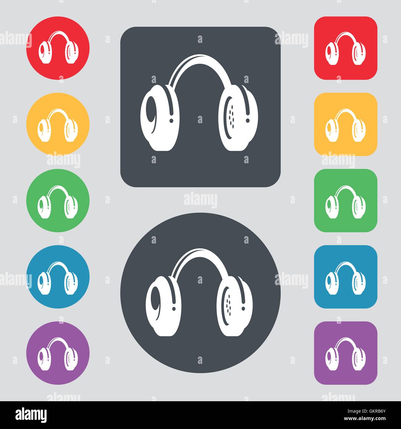 headsets icon sign. A set of 12 colored buttons. Flat design. Vector
