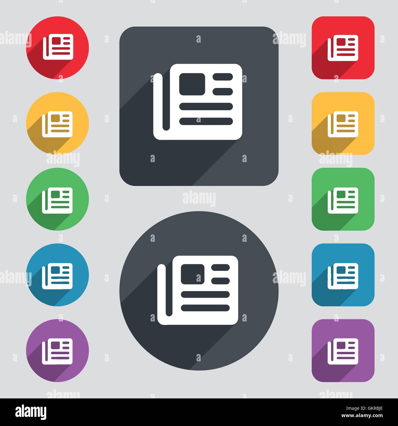 book, newspaper icon sign. A set of 12 colored buttons and a long shadow. Flat design. Vector Stock Vector
