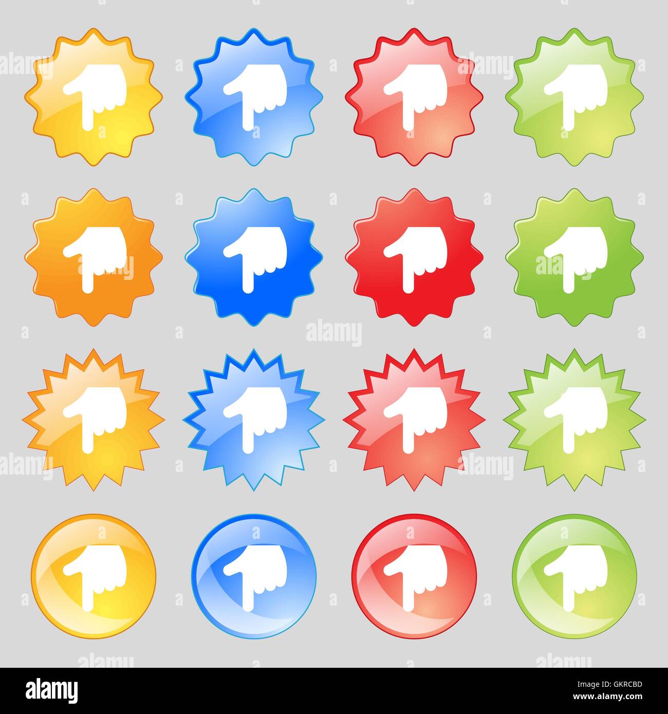pointing hand icon sign. Set from sixteen multi-colored glass buttons ...