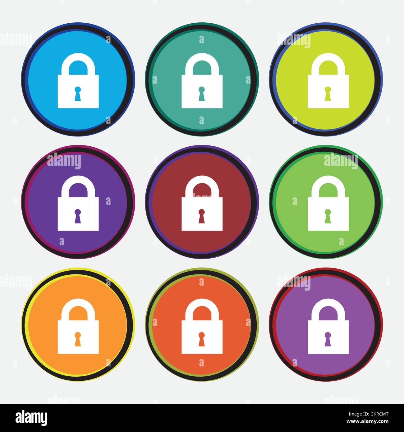 closed lock icon sign. Nine multi colored round buttons. Vector Stock ...