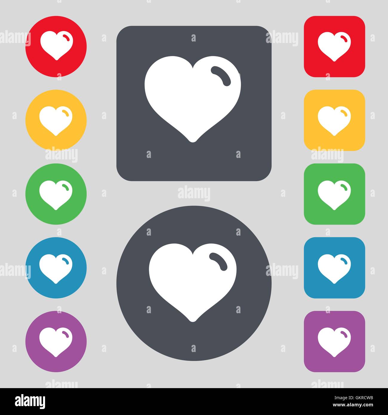 Heart, Love icon sign. A set of 12 colored buttons. Flat design. Vector ...