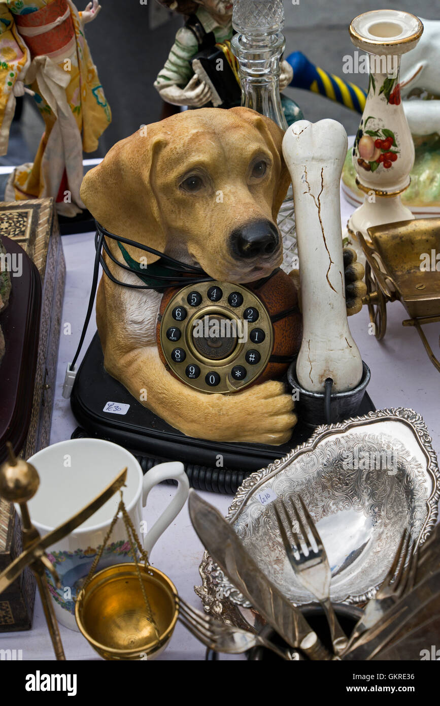 Novelty 'dog and phone' retro style telephone for sale on a bric a brac stall in the Grassmarket, Edinburgh, Scotland, UK. Stock Photo