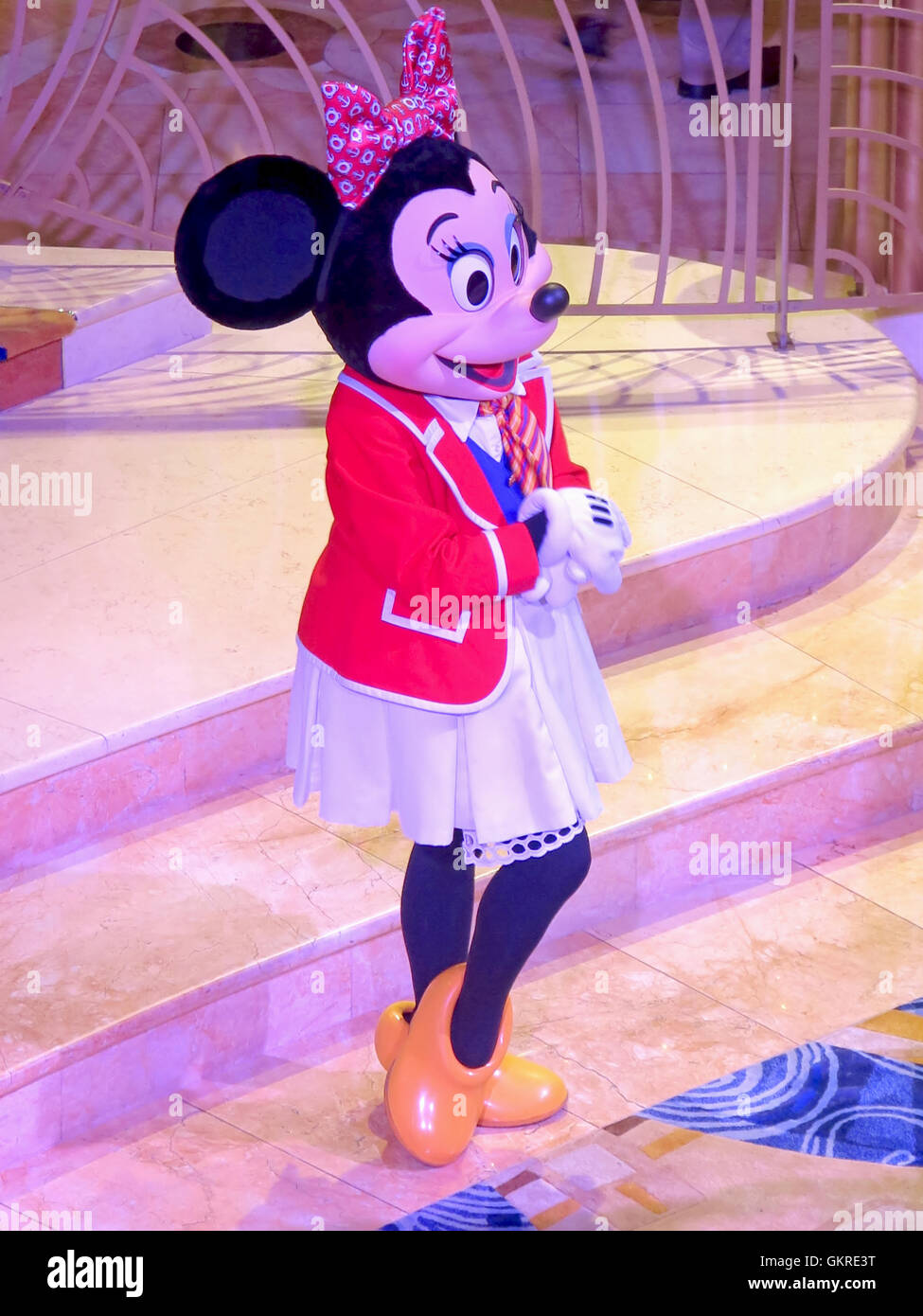 Nassau, Bahamas. January 30th, 2013. Minnie Mouse greeting guests in the lobby atrium on the Disney Dream Cruise Ship. Stock Photo