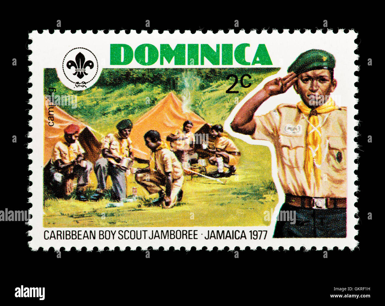 Postage stamp from Dominica depicting boy scouts camping, Caribbean boy scout Jamboree, Jamaica