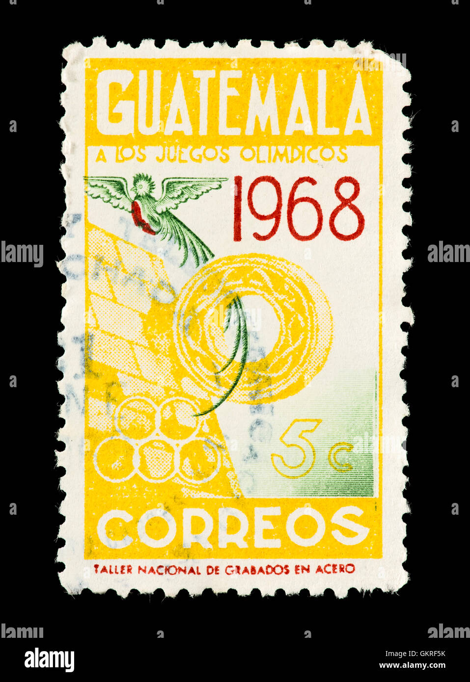 Postage stamp from Guatemala depicting a quetzal and Mayan Ball game goal, for the 1968 Summer Olympic Games in Mexico City. Stock Photo