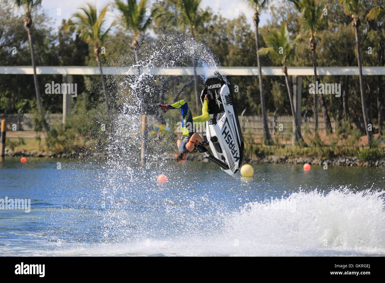 Jet Ski jumping side ways in water at Seaworld Stock Photo