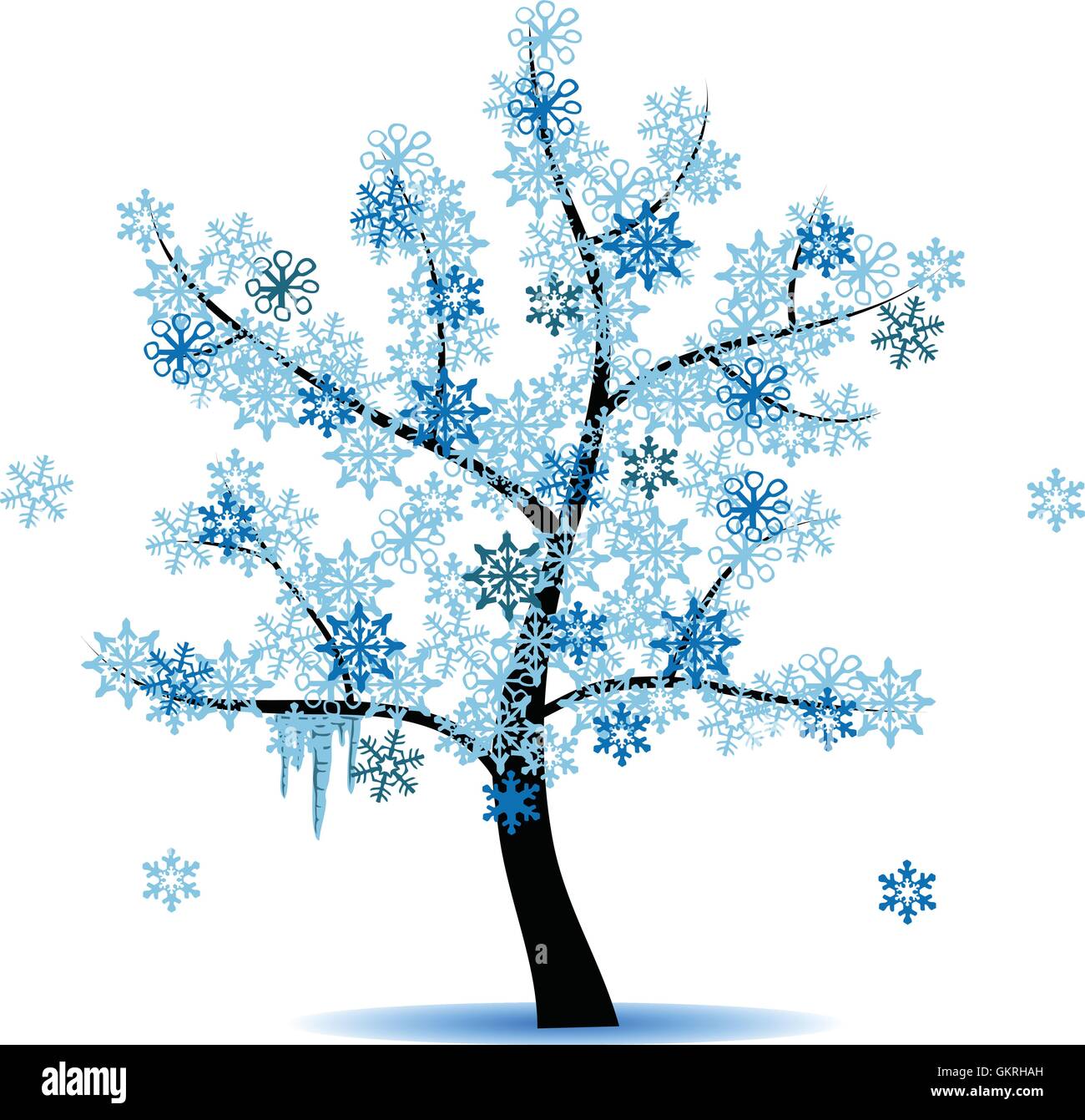 Дерево рисунок зимой со снежинками