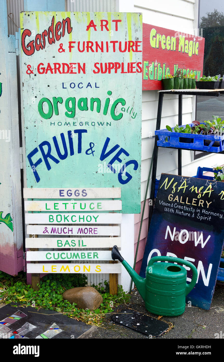 Signs for fruit and vegetable stall, Collingwood, Tasman District, South Island, New Zealand Stock Photo