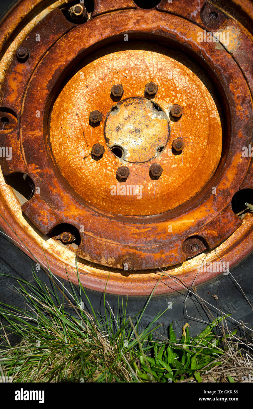 Rusty tractor wheel, Waitapu Wharf, Takaka, Tasman District, South Island, New Zealand Stock Photo