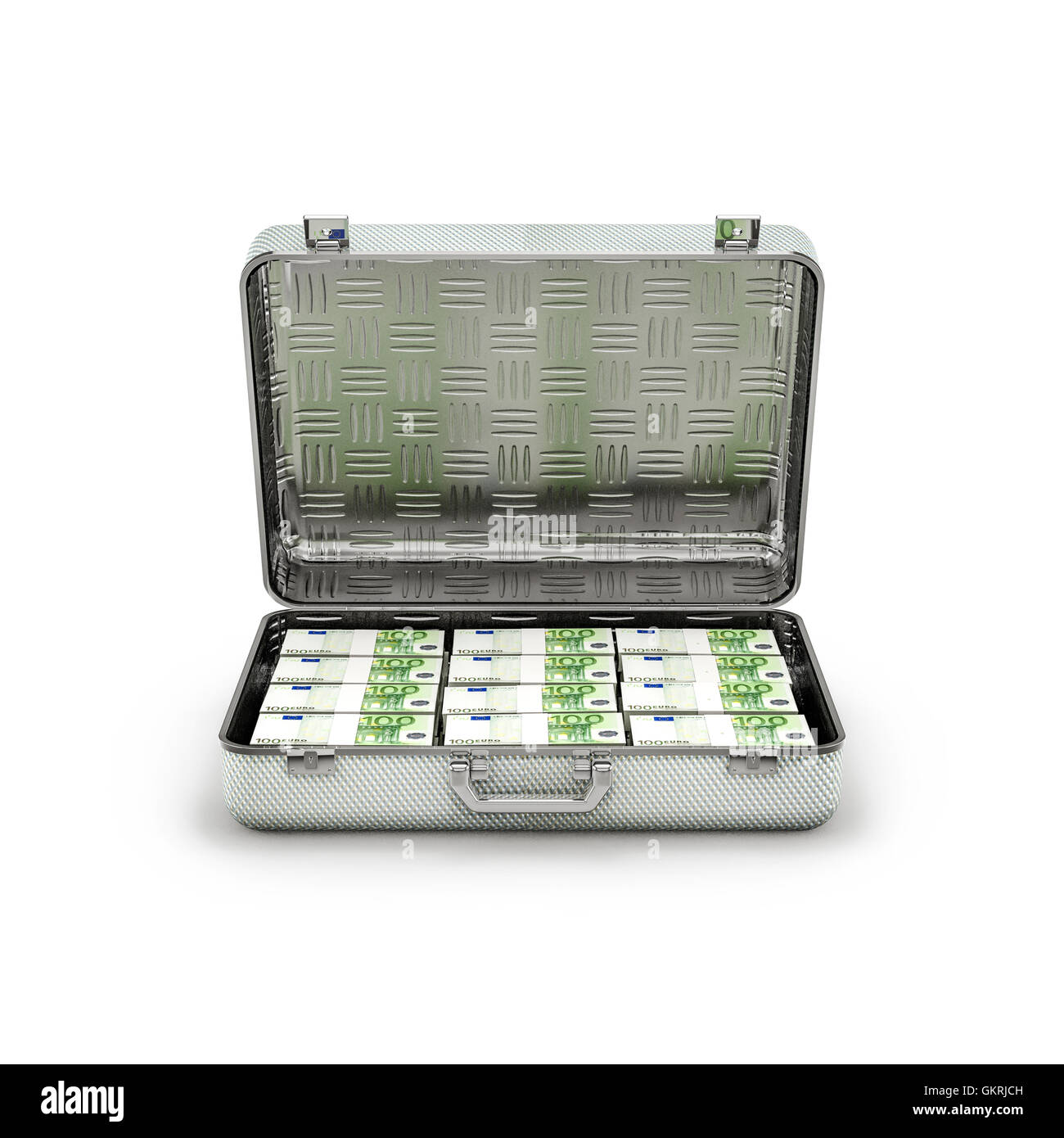 Briefcase ransom euros / 3D illustration of stacks of hundred euro notes inside metal briefcase Stock Photo