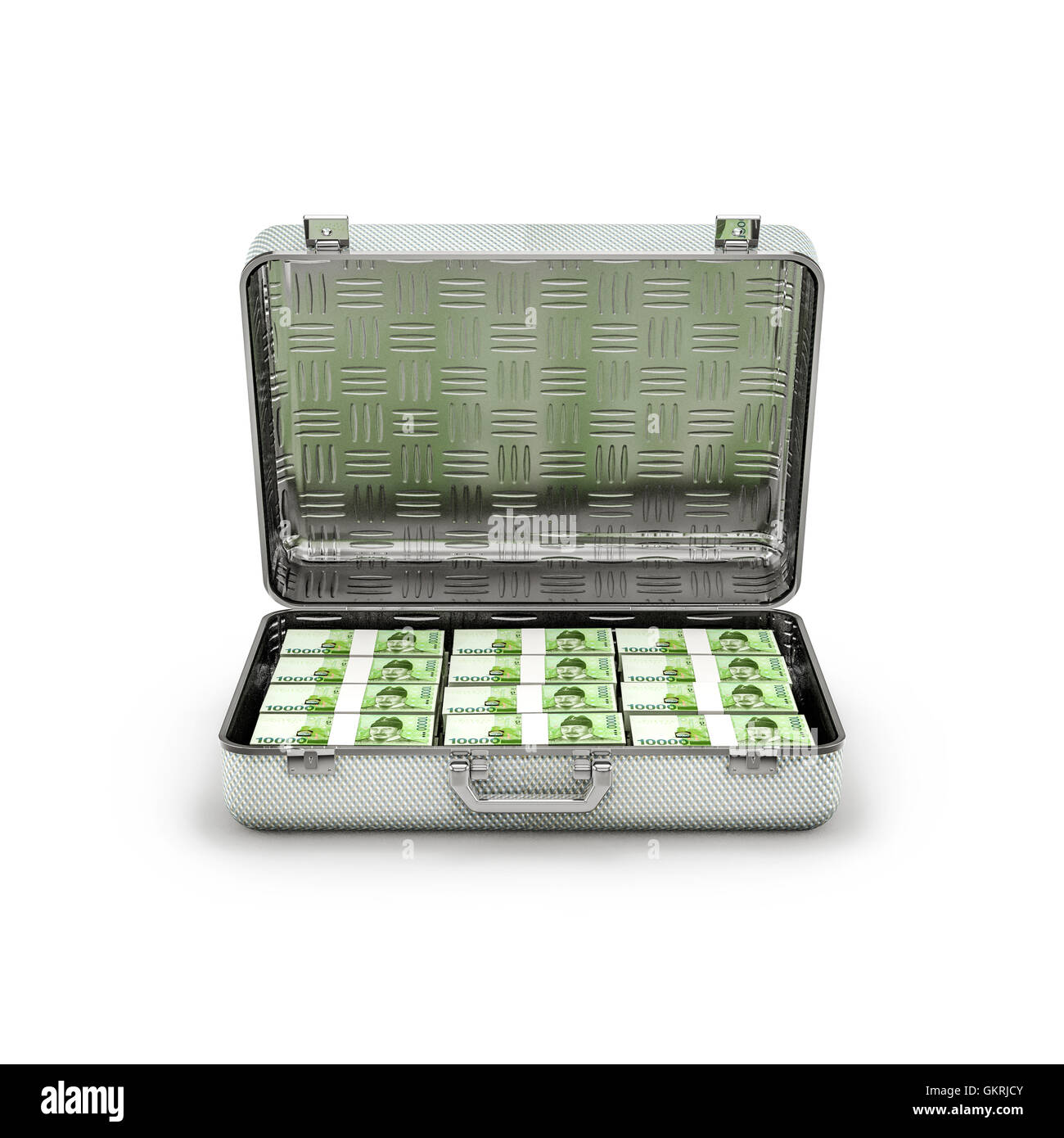 Briefcase ransom South Korean won / 3D illustration of stacks of South Korean ten thousand won notes inside metal briefcase Stock Photo