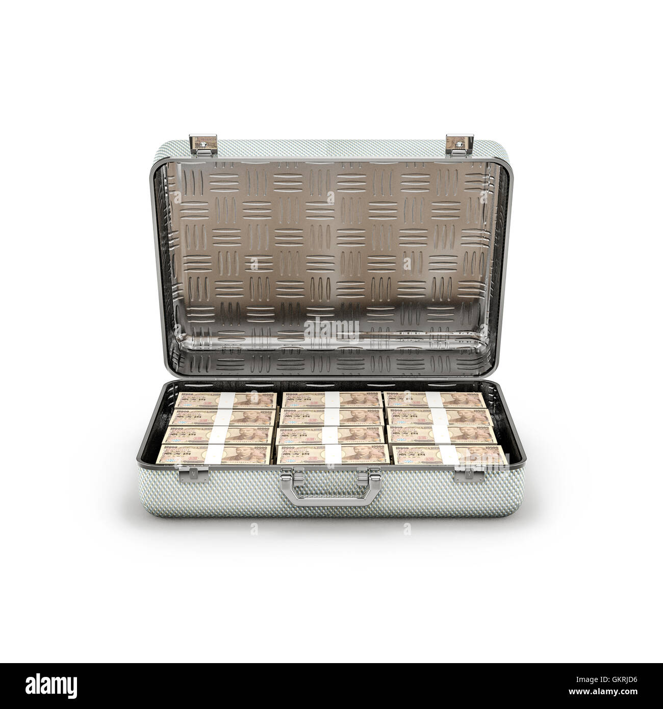 Briefcase ransom yen / 3D illustration of stacks of ten thousand yen notes inside metal briefcase Stock Photo