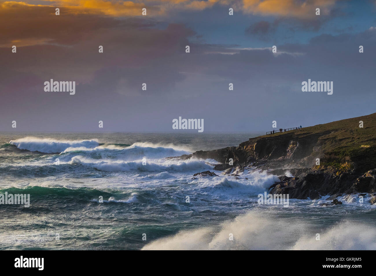 Gale force winds and wild weather drive large waves onto the rocks at Towan Headland in Newquay, Cornwall. Stock Photo