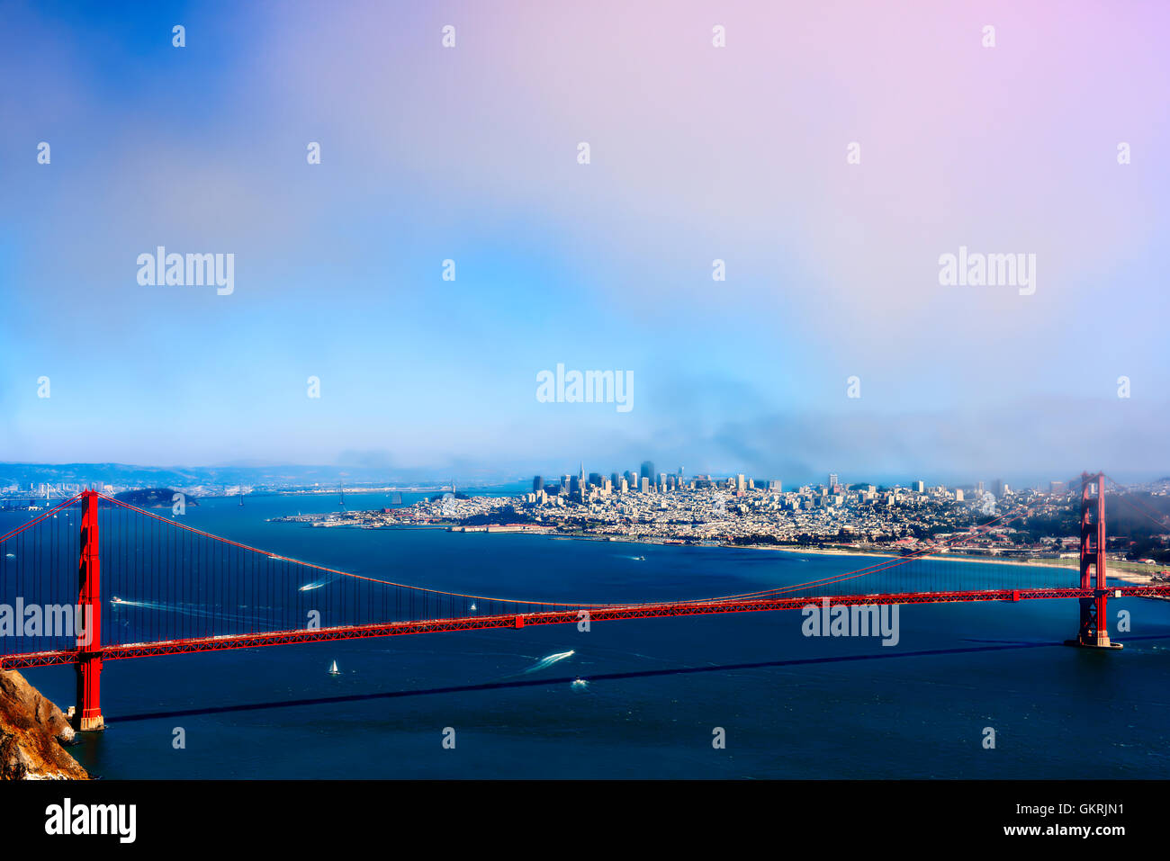 The iconic Golden Gate bridge spans the Golden Gate strait in the city of San Francisco, California USA Stock Photo