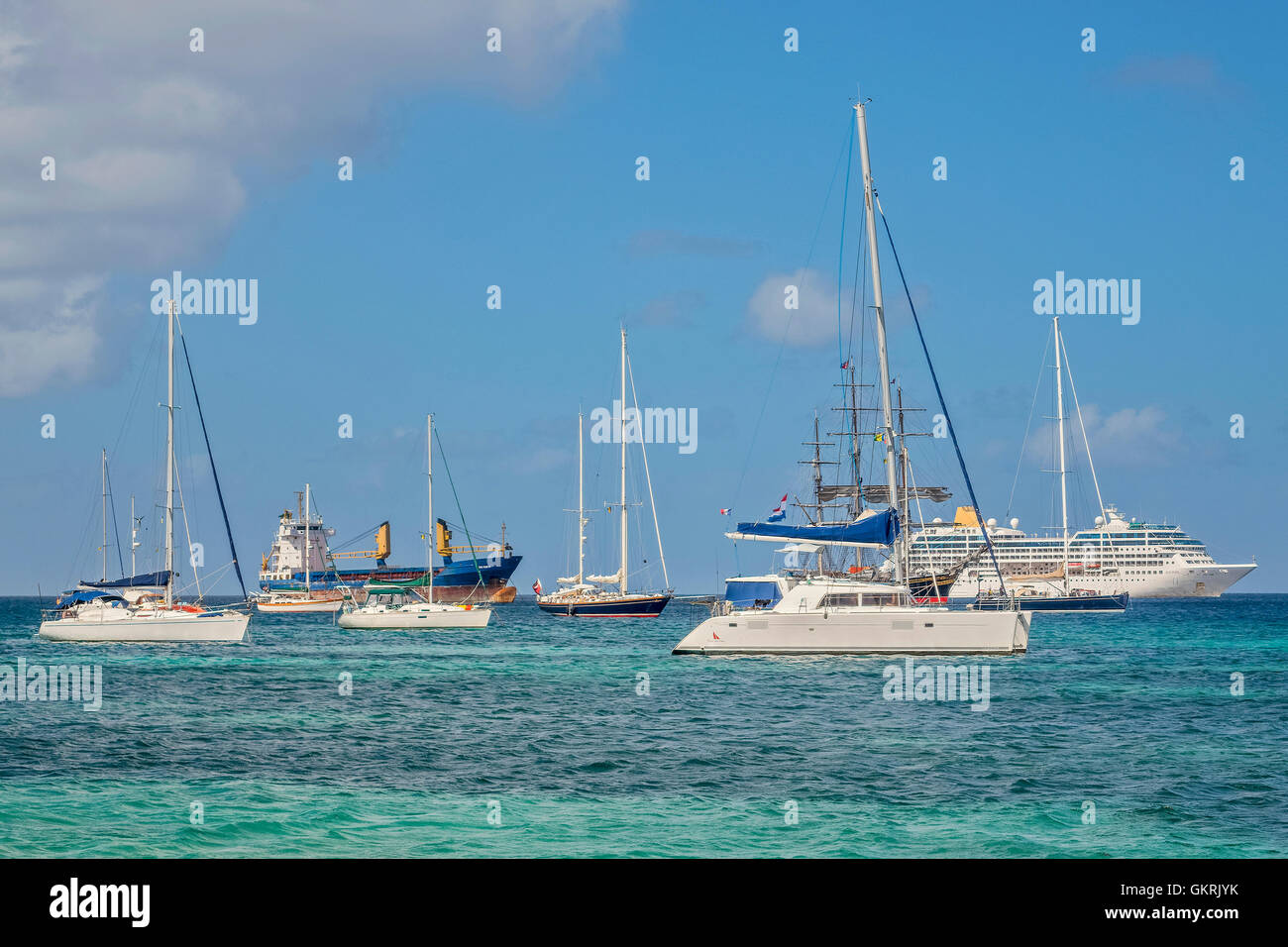 Ships In The Bay Port Elizabeth Grenadines St Vincent West Indies Stock Photo