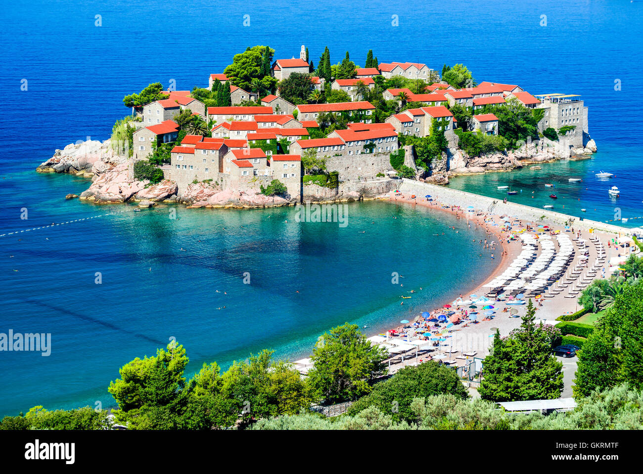 Sveti Stefan, Montenegro. View with fantastic small island and resort on the Adriatic Sea coast, Budva city region. Stock Photo