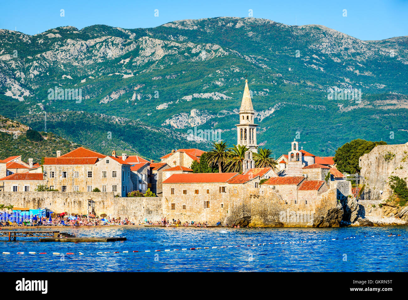 Budva, Montenegro. Ancient walls and tiled roof of old town. Budva ...