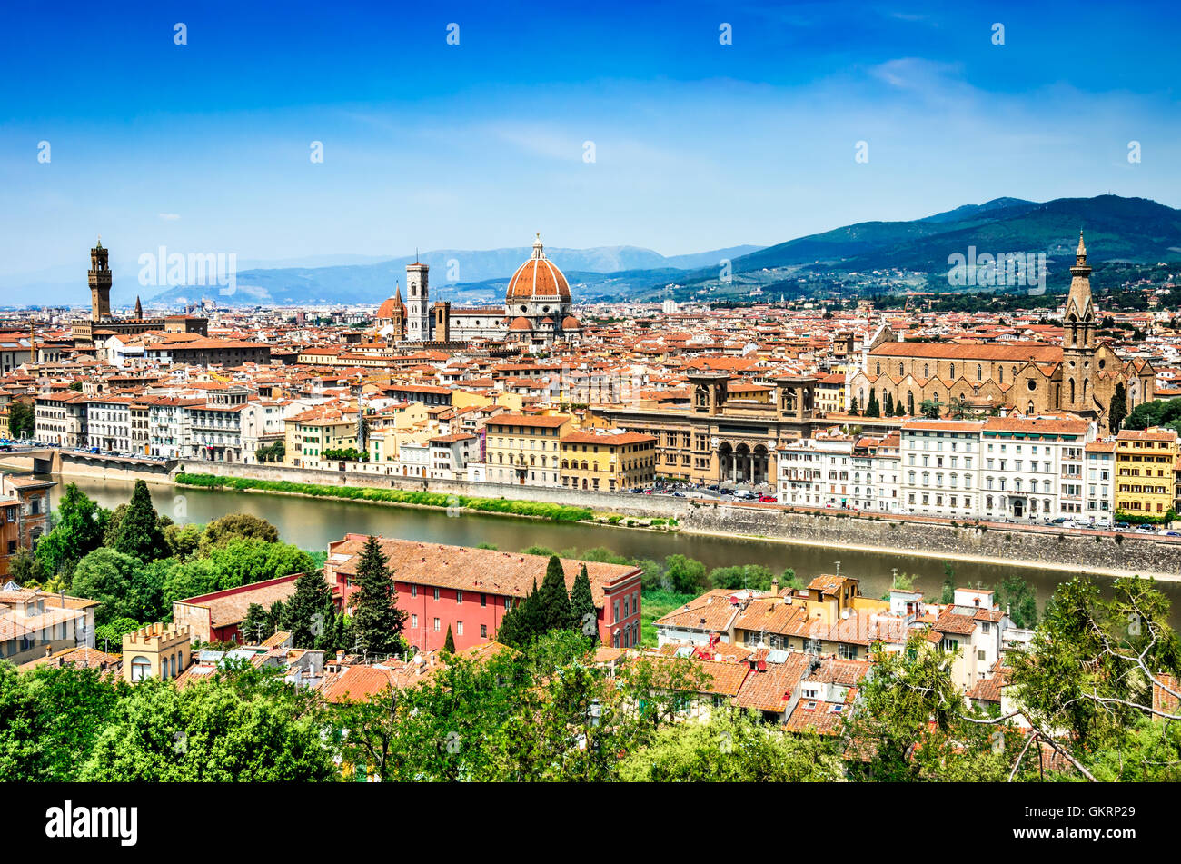 Florence, Italy. Summer cityscape of italian city Firenze, main cultural town of Tuscany. Palazzo Vecchio, Cathedral. Stock Photo