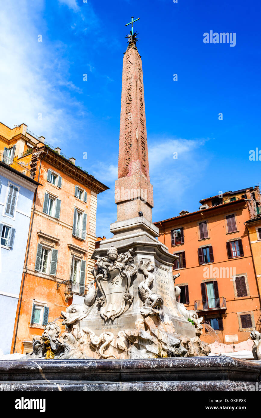 Rome, Italy. Night scene with Egyptian Obelisk in Rotonda Square, heart of Italian capital city. Stock Photo